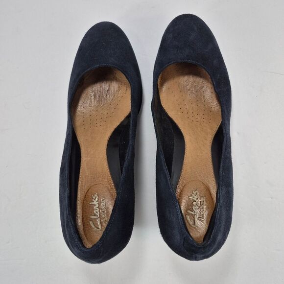Clarks Artisan Flores Tulip Blue Suede Leather 3" Wedge Pumps Heels Woman's 10M. - Picture 4 of 10